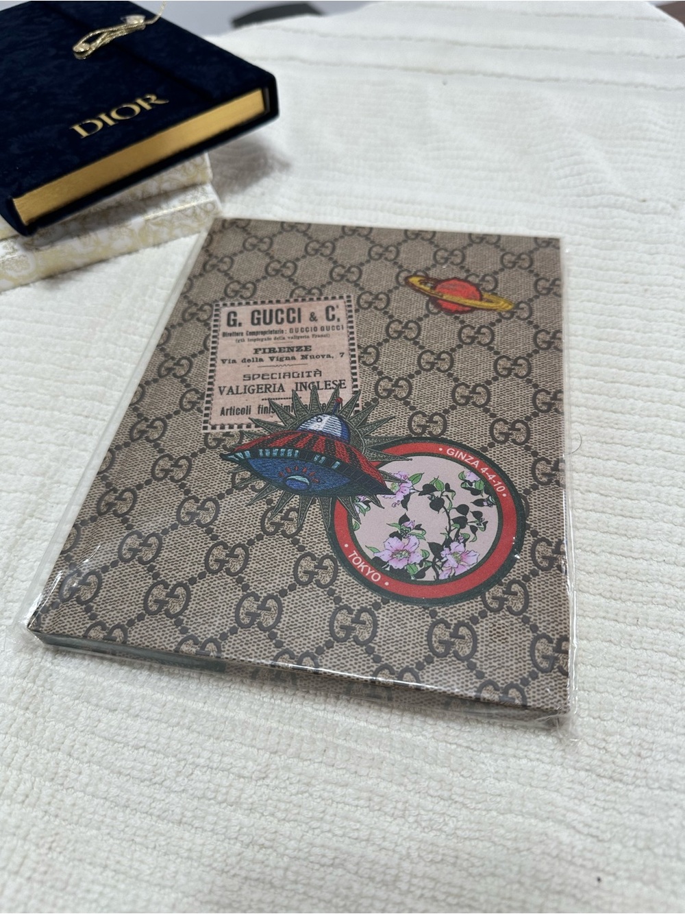Gucci Brown GG Supreme Canvas Notebook Cover with Multicolor Graphic Accents